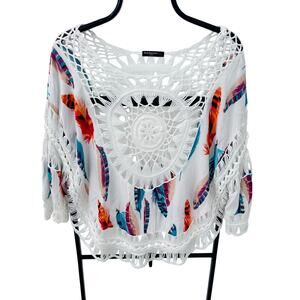 Vivid Importers of NY Boho Feather Crochet Dreamcatcher Blouse Tunic White Sz LG